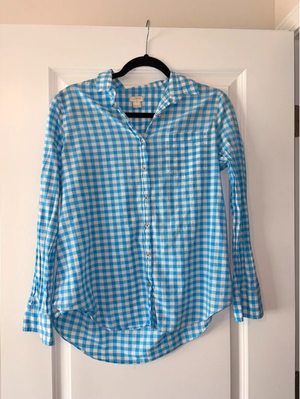 J.Crew Women’s Medium Blue White Gingham Button Down Shirt 100% Cotton
